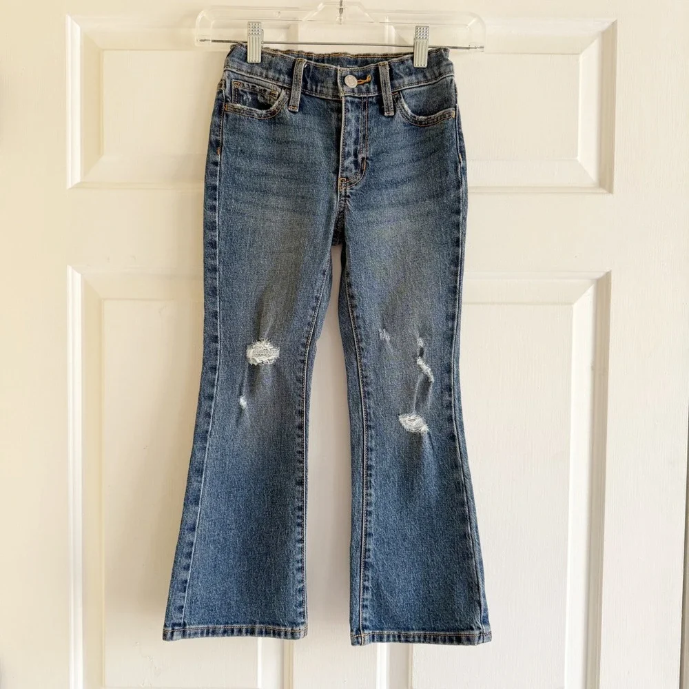 Old Navy‎ Kids Girls Size 7 High Rise Flare Jeans Distressed Blue Denim